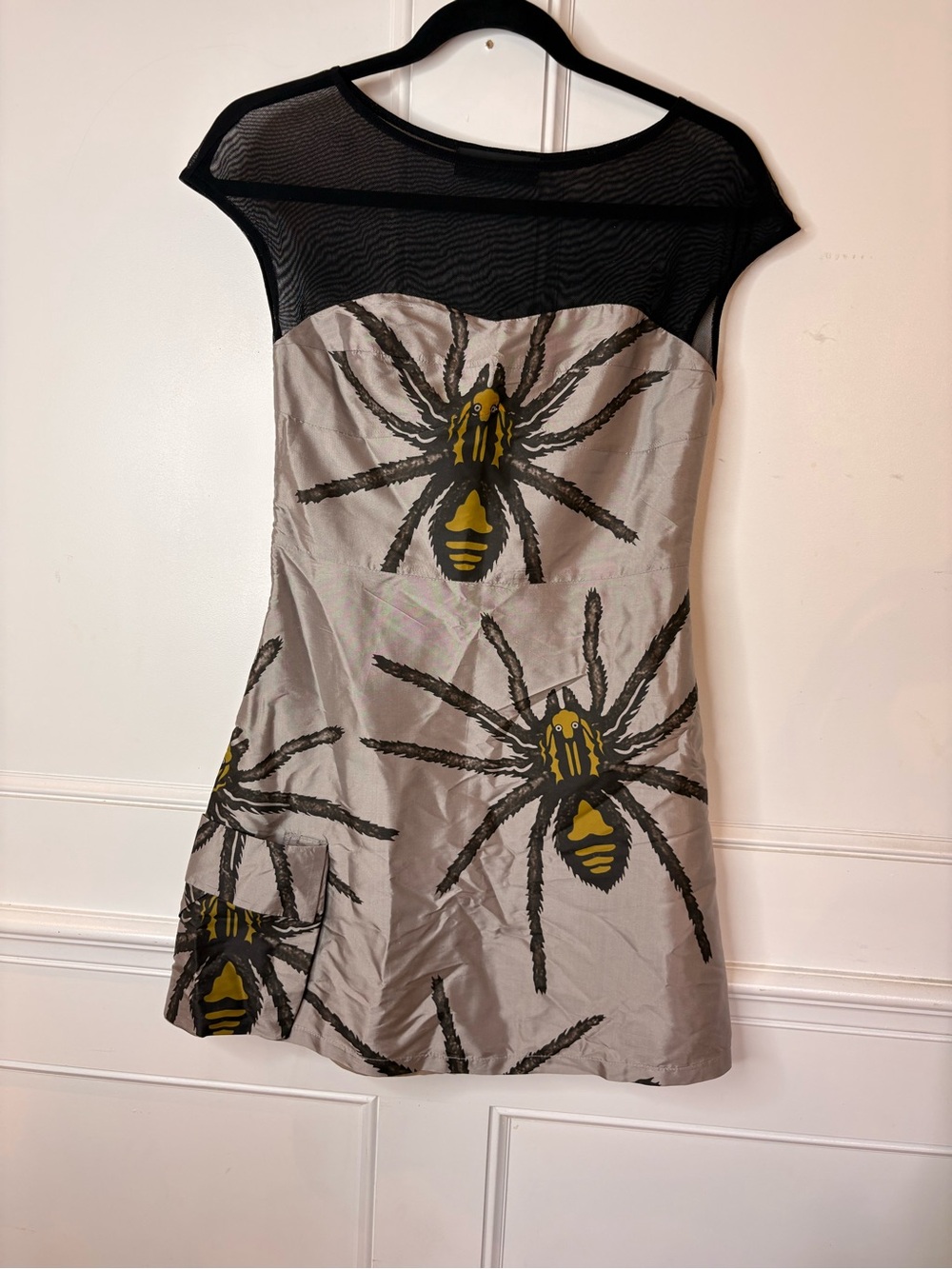 Tina Vivarra- Mesh Yoke Gray Dress with Bold Spider Print